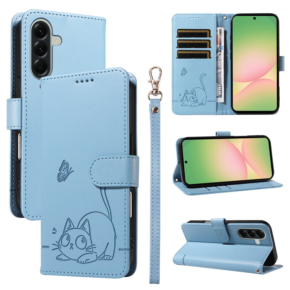 For Samsung Galaxy A57 5G Case Cat Pattern Imprint Leather Phone Cover with Wrist Strap - Sky Blue