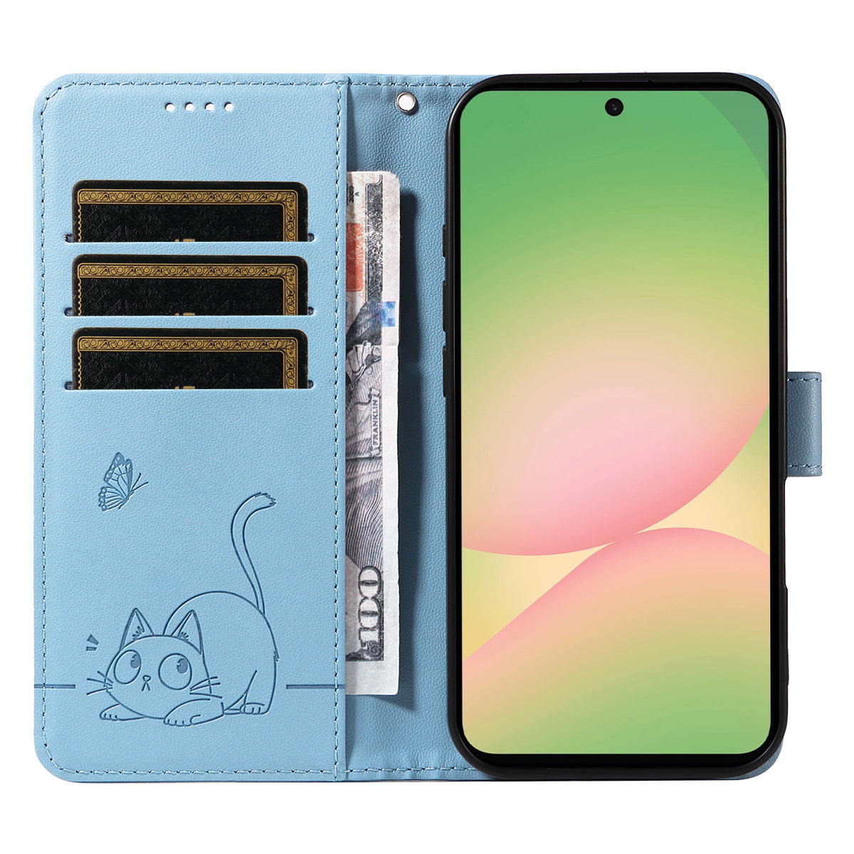 For Samsung Galaxy A57 5G Case Cat Pattern Imprint Leather Phone Cover with Wrist Strap - Sky Blue