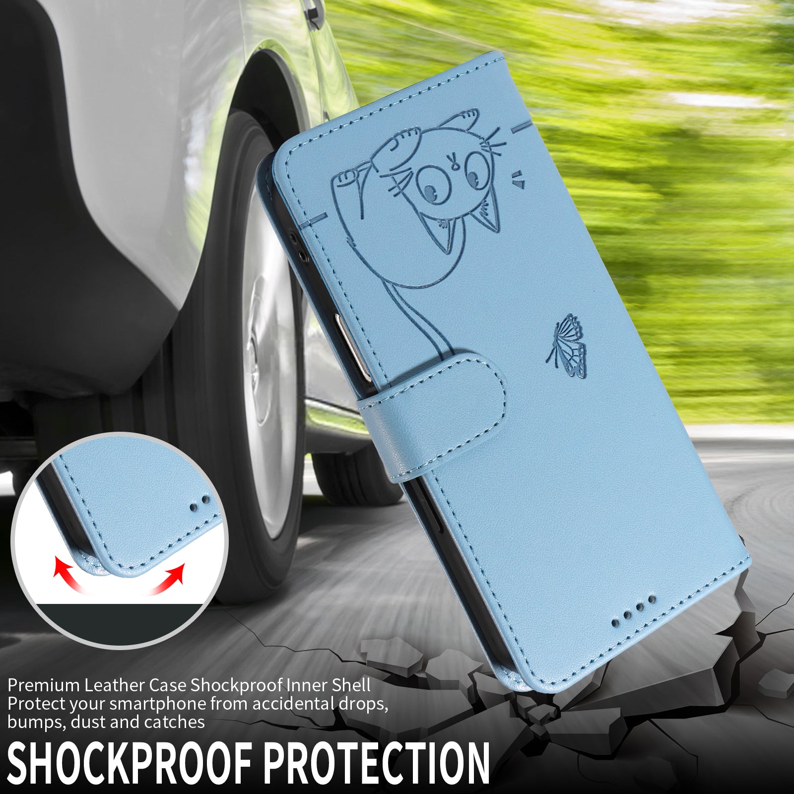 For Samsung Galaxy A57 5G Case Cat Pattern Imprint Leather Phone Cover with Wrist Strap - Sky Blue