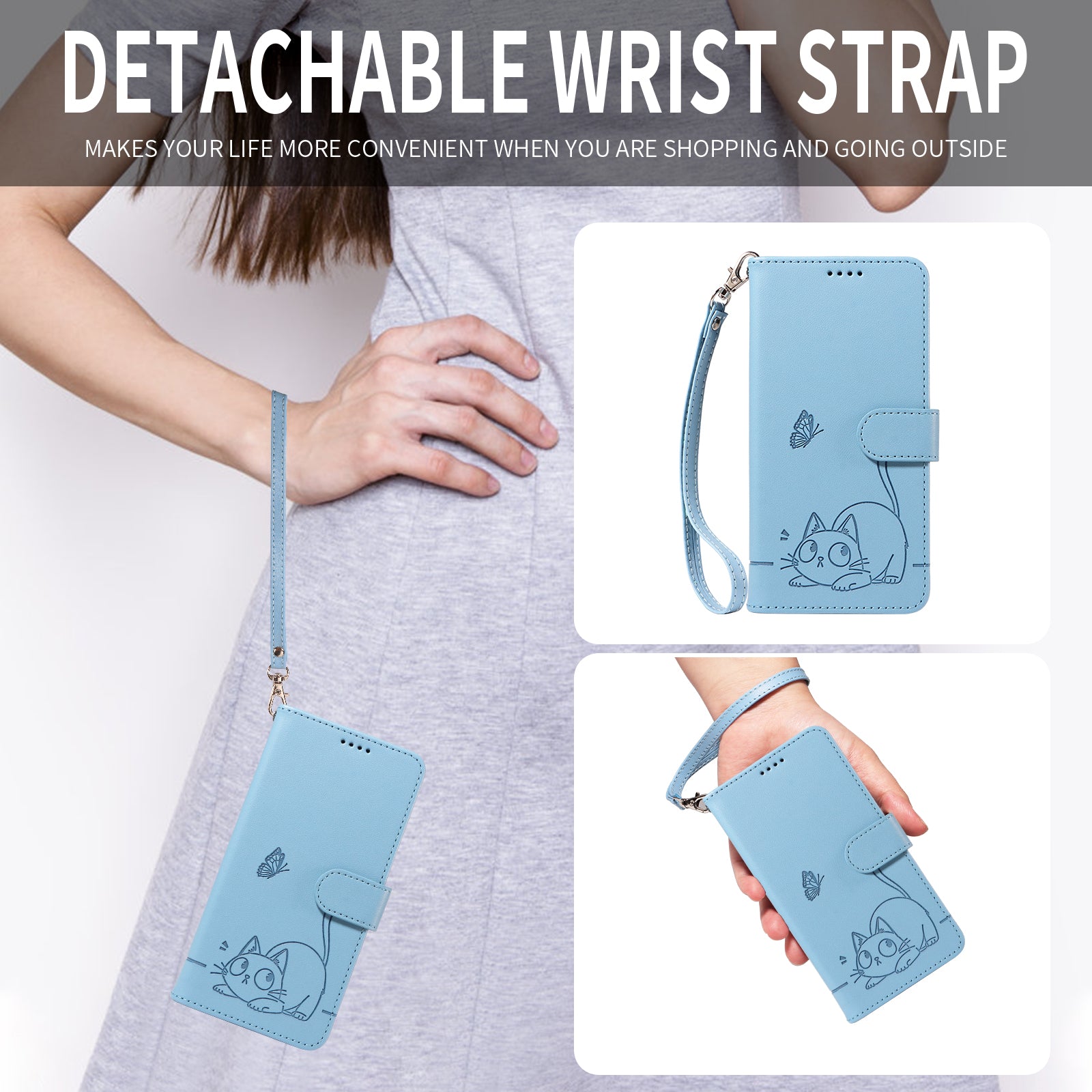 For Samsung Galaxy A57 5G Case Cat Pattern Imprint Leather Phone Cover with Wrist Strap - Sky Blue