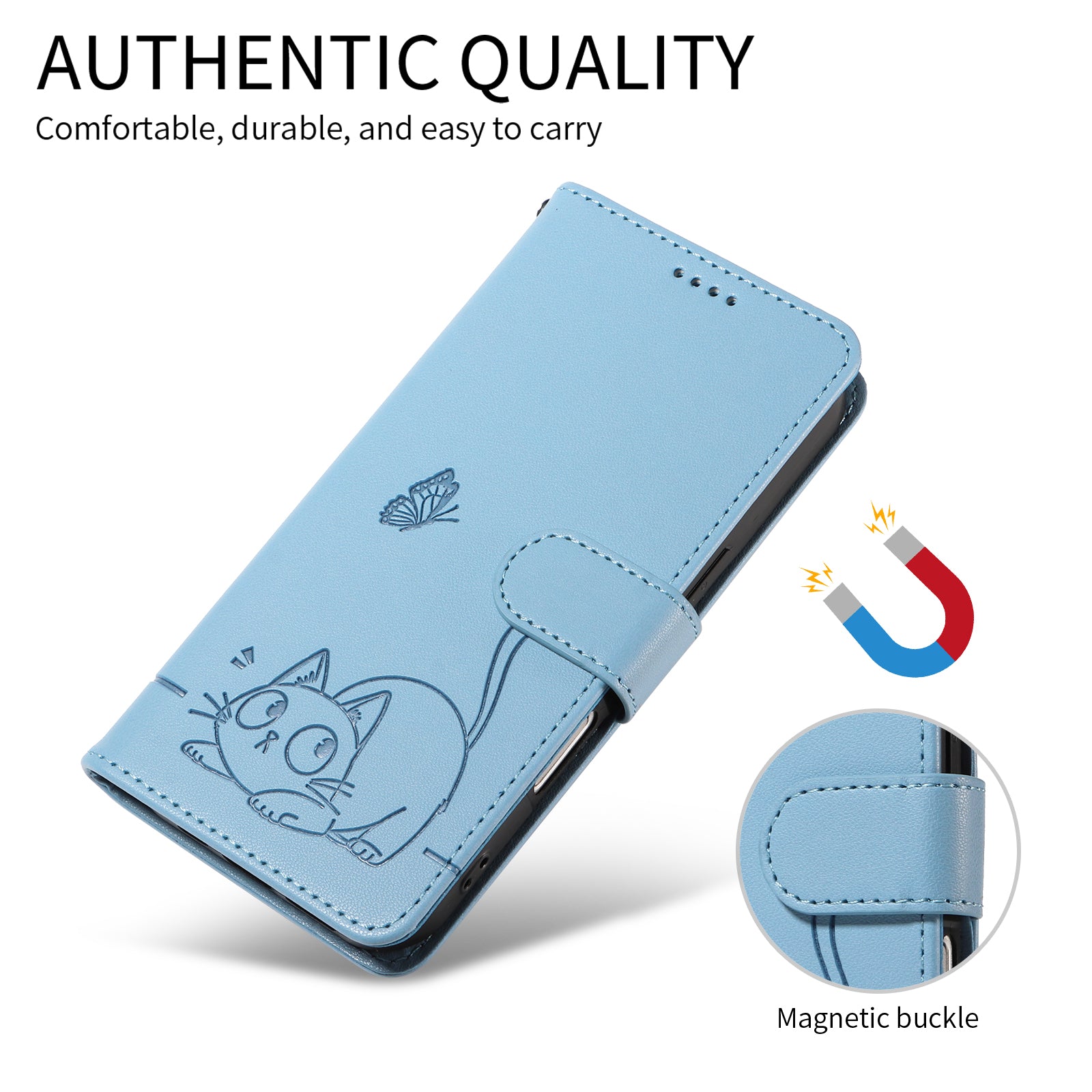 For Samsung Galaxy A57 5G Case Cat Pattern Imprint Leather Phone Cover with Wrist Strap - Sky Blue
