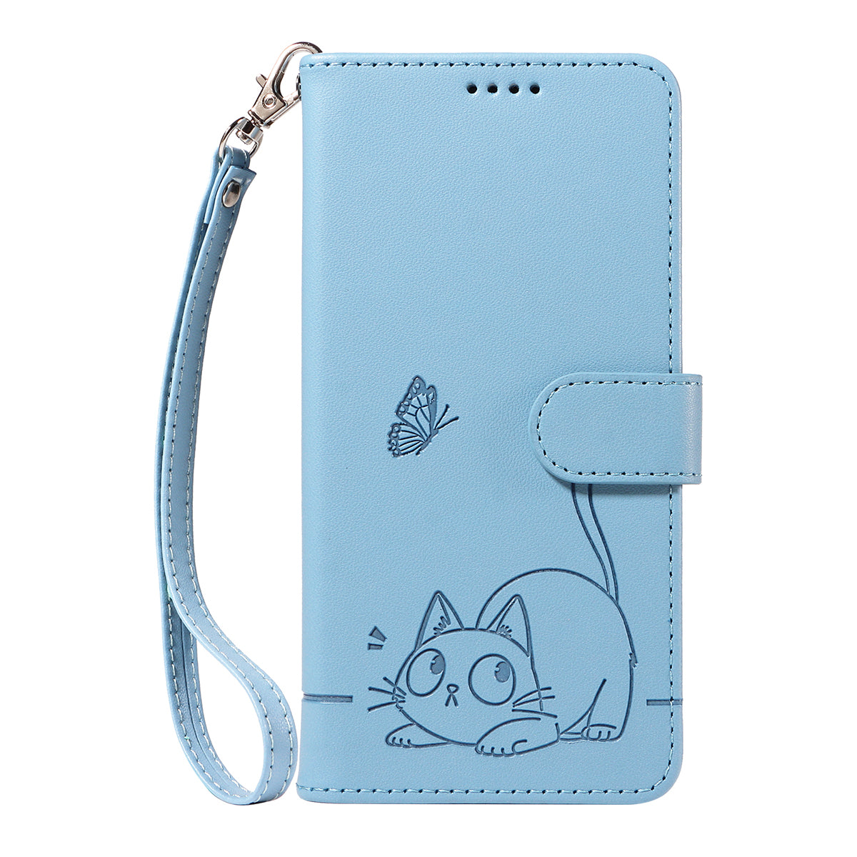 For Samsung Galaxy A57 5G Case Cat Pattern Imprint Leather Phone Cover with Wrist Strap - Sky Blue