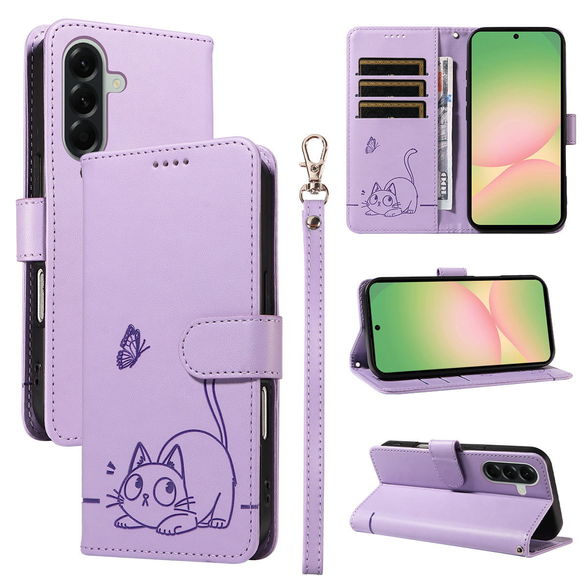 For Samsung Galaxy A57 5G Case Cat Pattern Imprint Leather Phone Cover with Wrist Strap - Purple