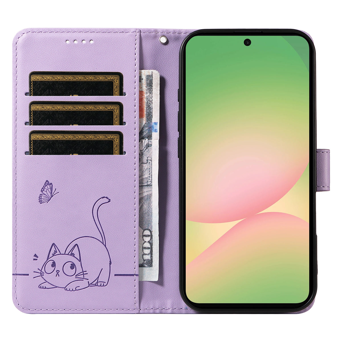 For Samsung Galaxy A57 5G Case Cat Pattern Imprint Leather Phone Cover with Wrist Strap - Purple