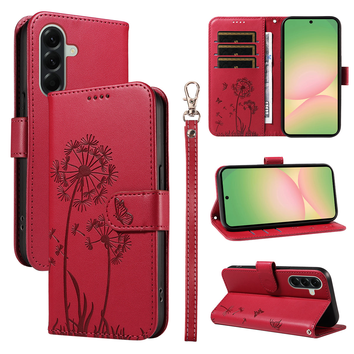 For Samsung Galaxy A57 5G Leather Wallet Case with Strap Dandelion Imprint Phone Stand Cover - Red
