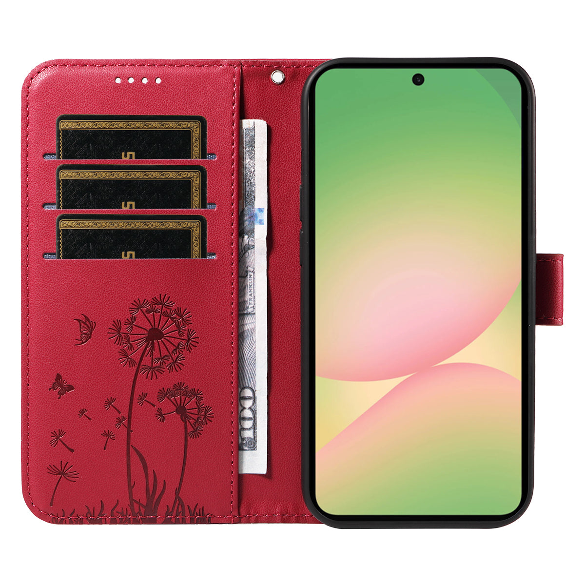 For Samsung Galaxy A57 5G Leather Wallet Case with Strap Dandelion Imprint Phone Stand Cover - Red