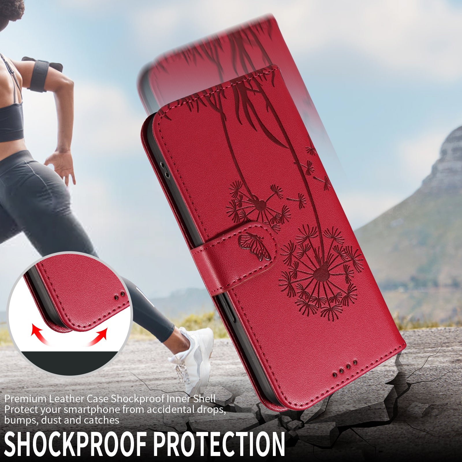 For Samsung Galaxy A57 5G Leather Wallet Case with Strap Dandelion Imprint Phone Stand Cover - Red