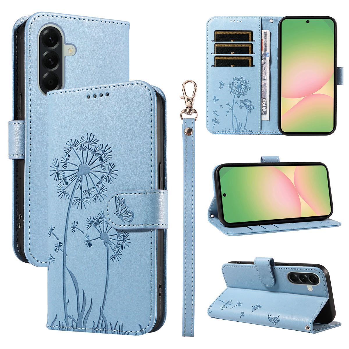 For Samsung Galaxy A57 5G Leather Wallet Case with Strap Dandelion Imprint Phone Stand Cover - Sky Blue