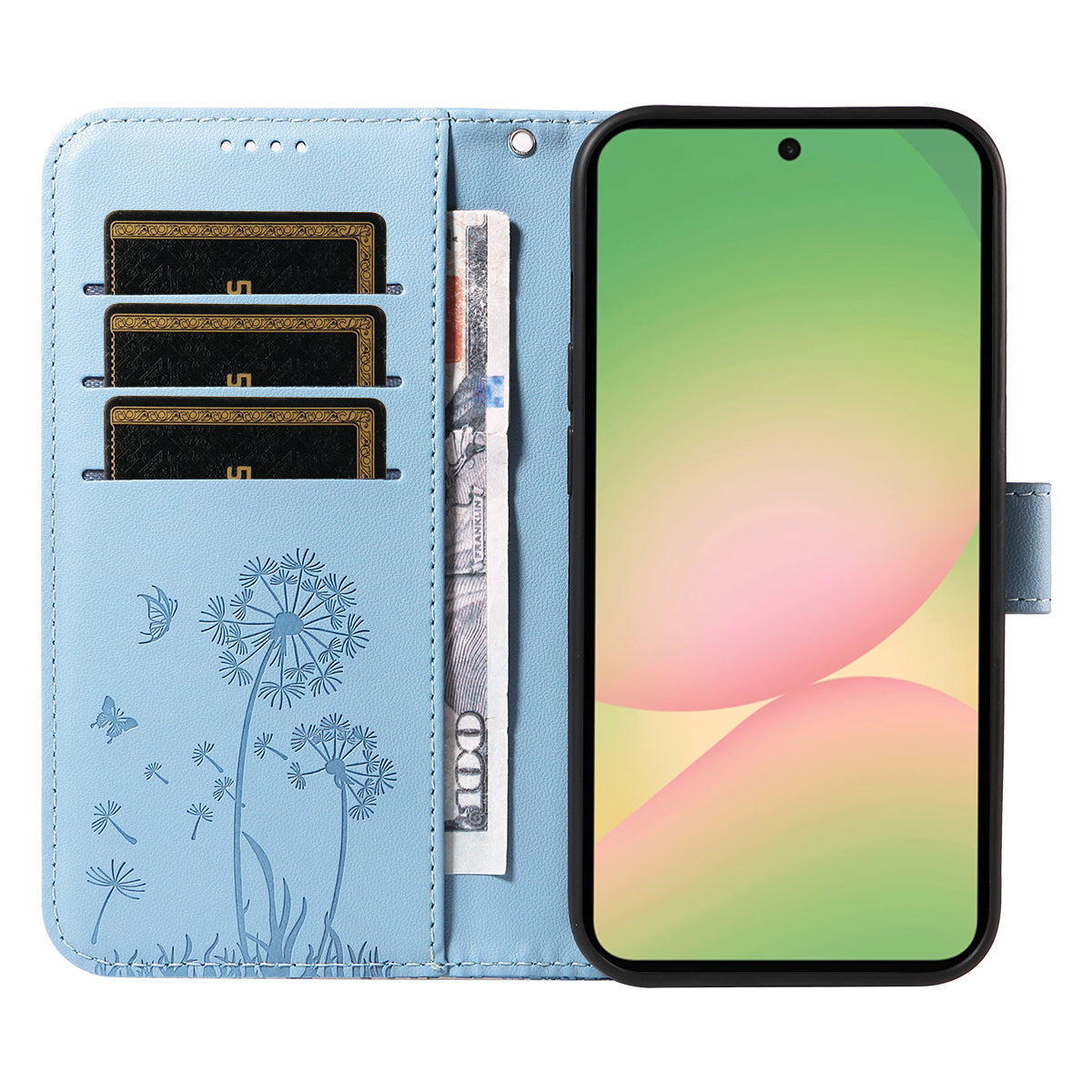 For Samsung Galaxy A57 5G Leather Wallet Case with Strap Dandelion Imprint Phone Stand Cover - Sky Blue