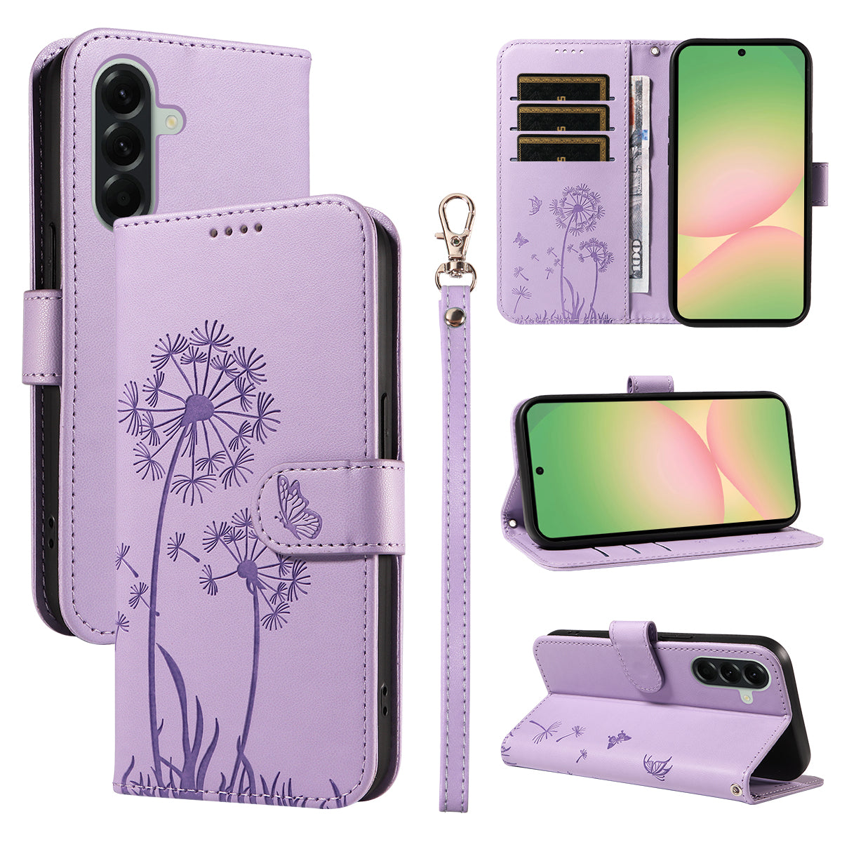 For Samsung Galaxy A57 5G Leather Wallet Case with Strap Dandelion Imprint Phone Stand Cover - Purple