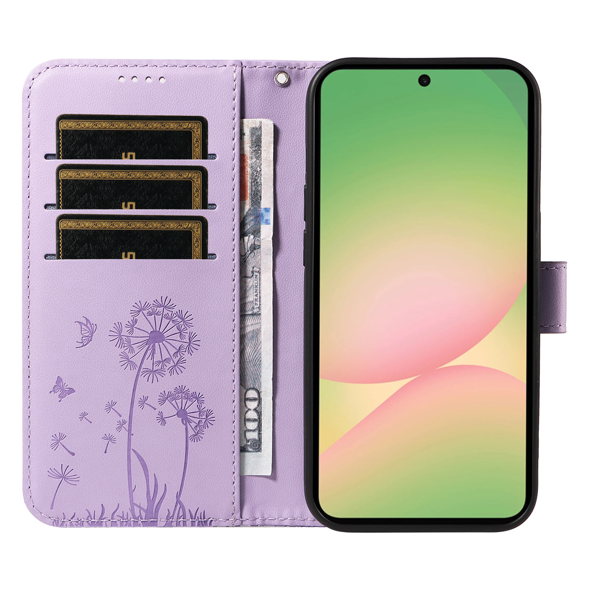 For Samsung Galaxy A57 5G Leather Wallet Case with Strap Dandelion Imprint Phone Stand Cover - Purple