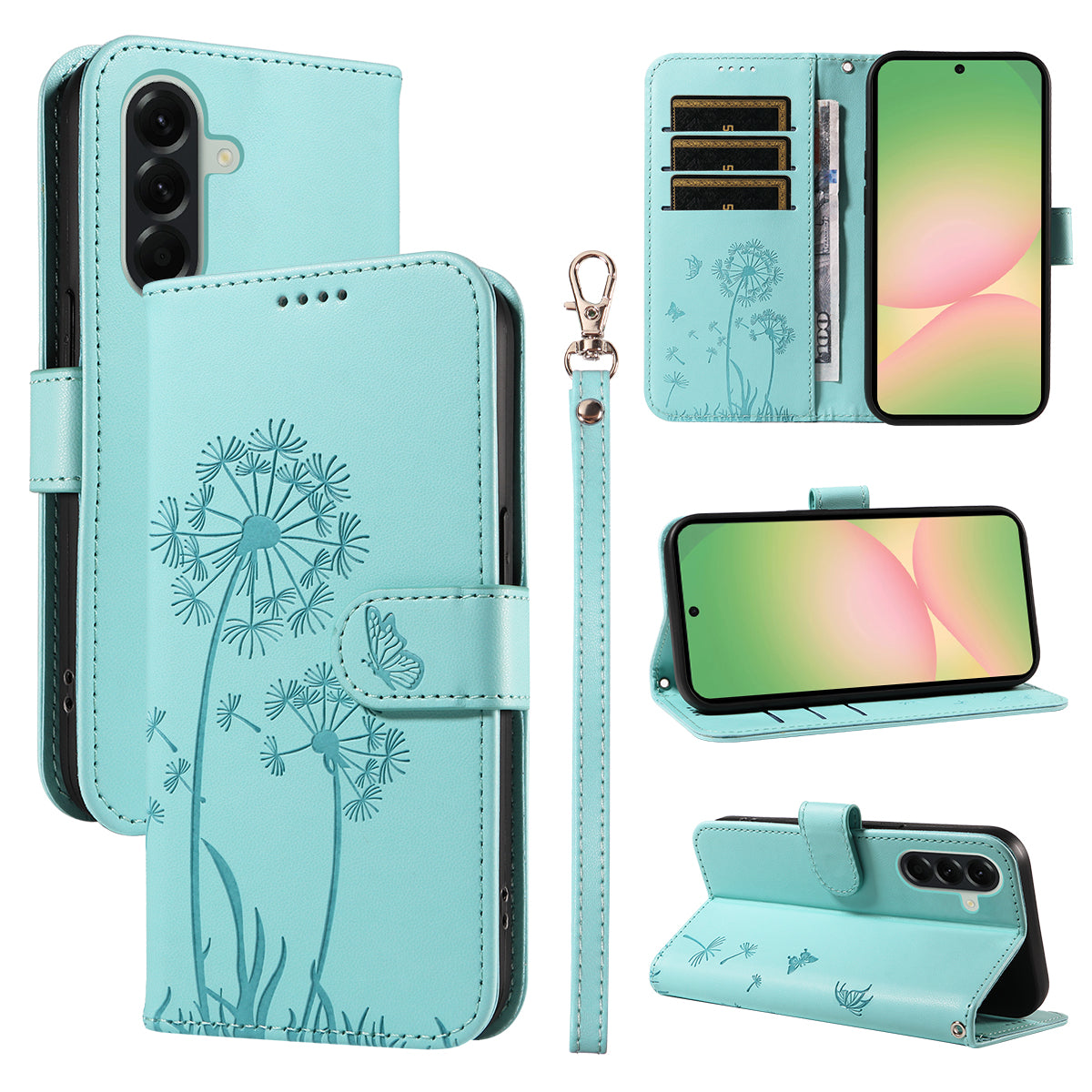 For Samsung Galaxy A57 5G Leather Wallet Case with Strap Dandelion Imprint Phone Stand Cover - Green