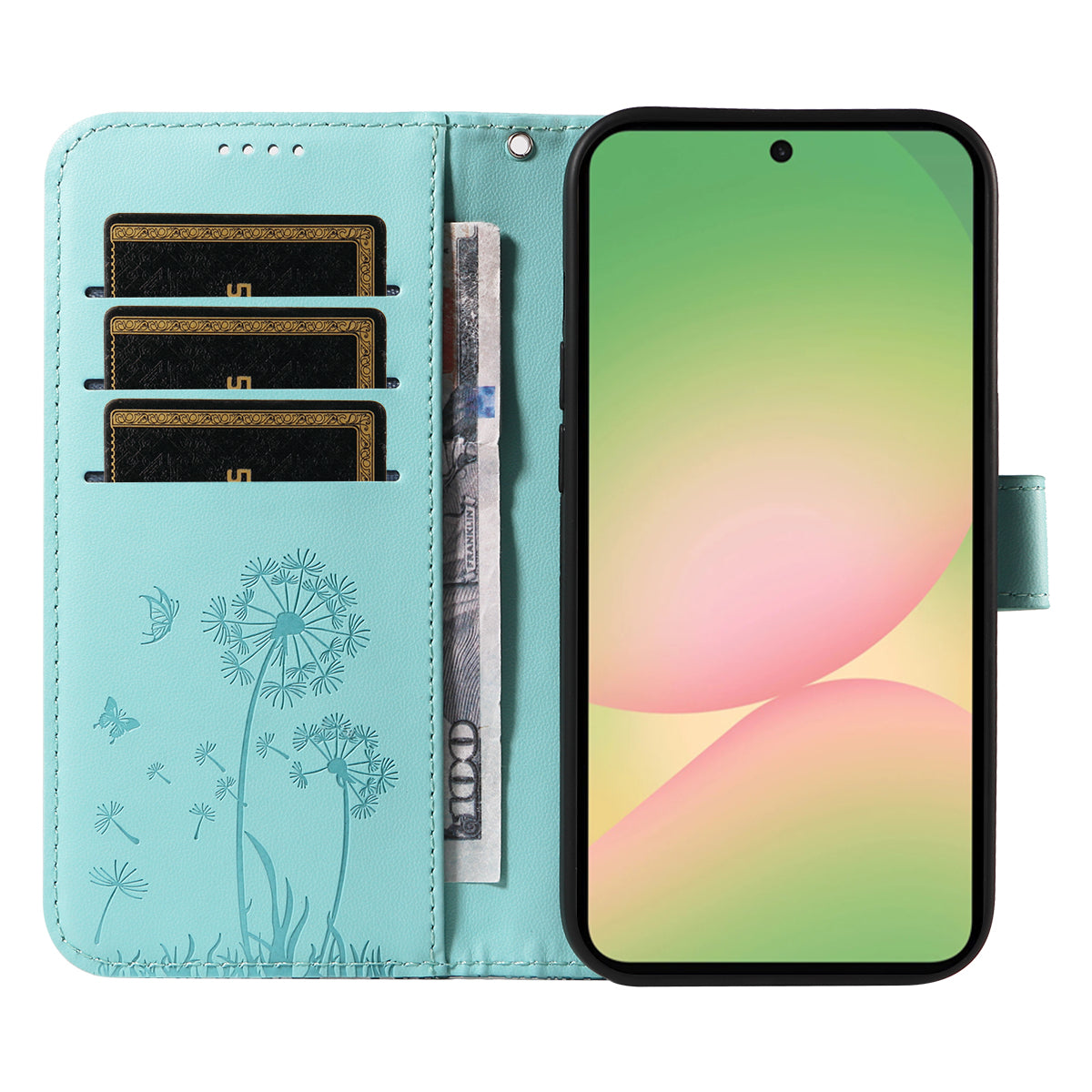 For Samsung Galaxy A57 5G Leather Wallet Case with Strap Dandelion Imprint Phone Stand Cover - Green