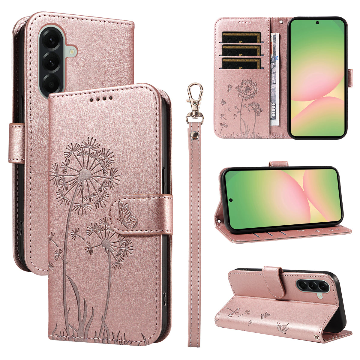 For Samsung Galaxy A57 5G Leather Wallet Case with Strap Dandelion Imprint Phone Stand Cover - Rose Gold