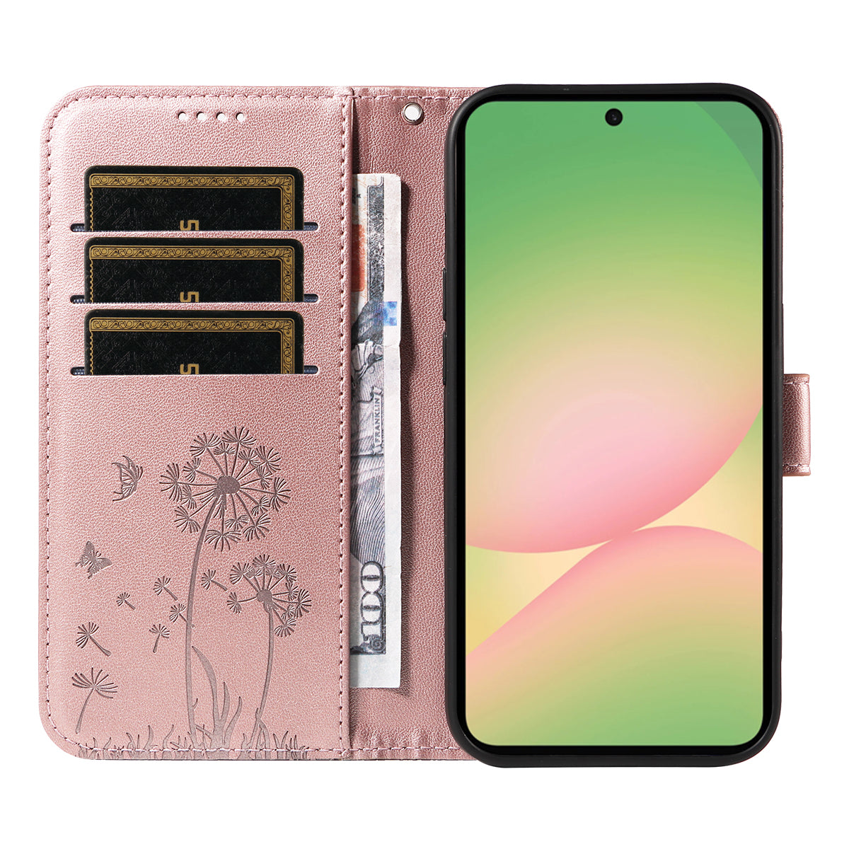 For Samsung Galaxy A57 5G Leather Wallet Case with Strap Dandelion Imprint Phone Stand Cover - Rose Gold