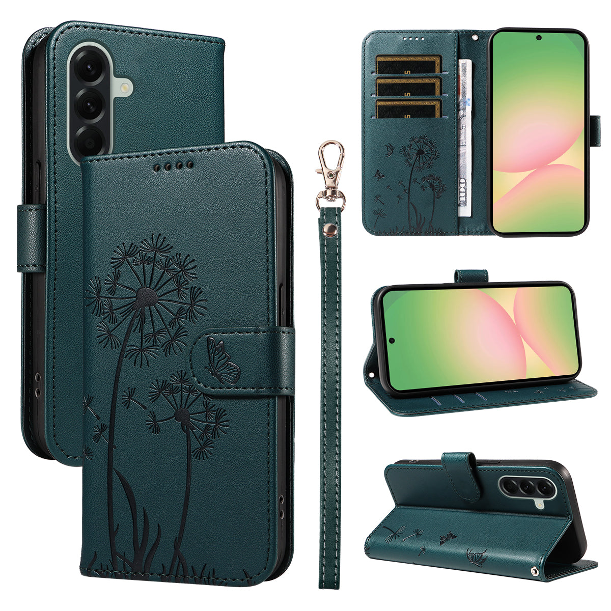 For Samsung Galaxy A57 5G Leather Wallet Case with Strap Dandelion Imprint Phone Stand Cover - Blue