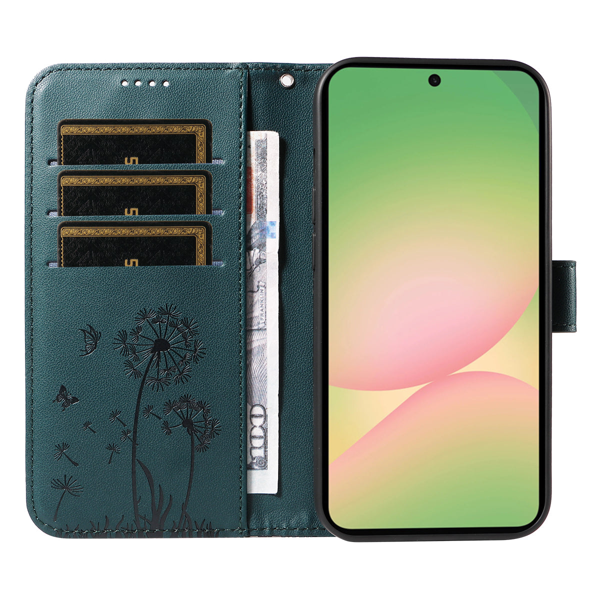 For Samsung Galaxy A57 5G Leather Wallet Case with Strap Dandelion Imprint Phone Stand Cover - Blue