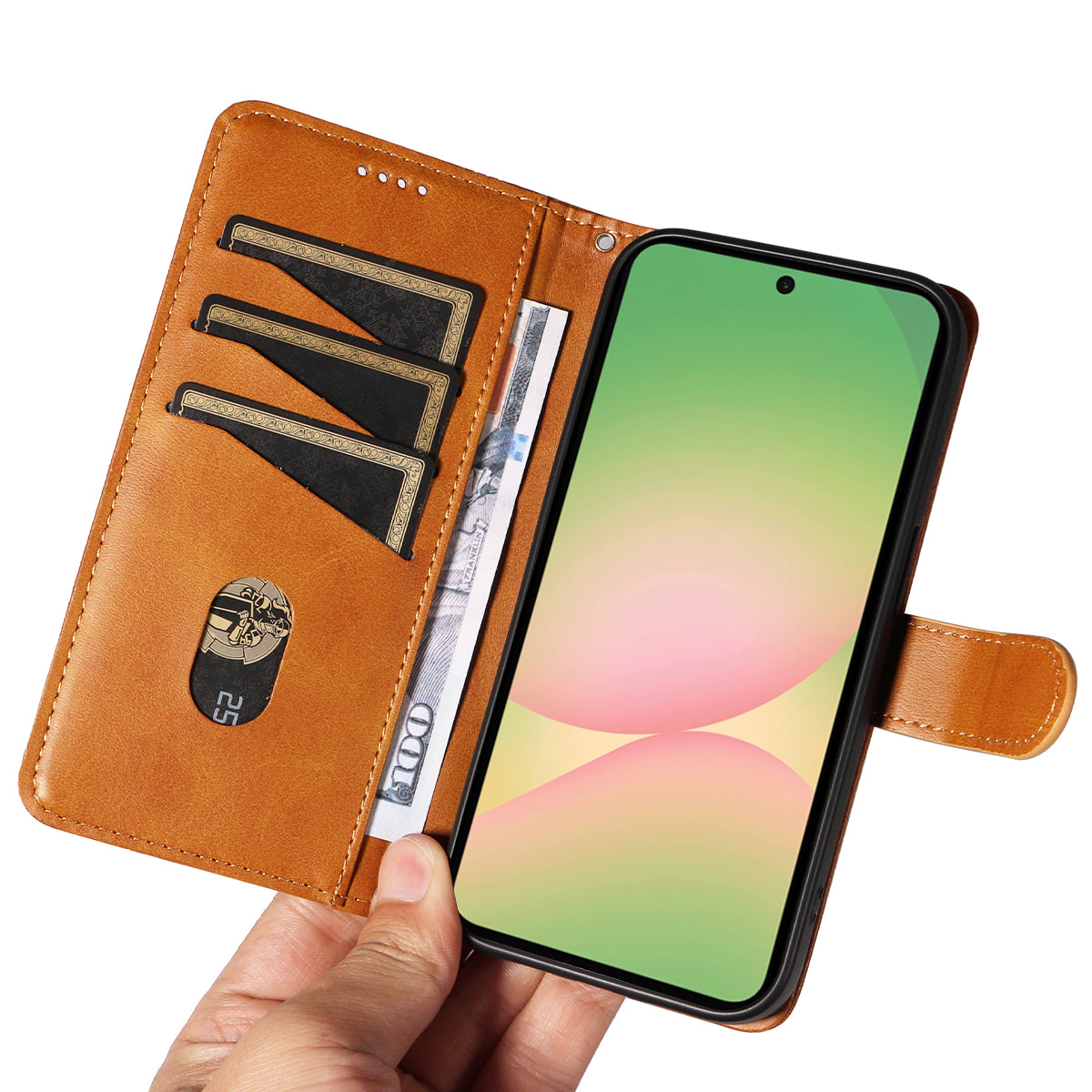 For Samsung Galaxy A57 5G Wallet Case T-Shape Lines Leather Phone Cover Stand - Brown