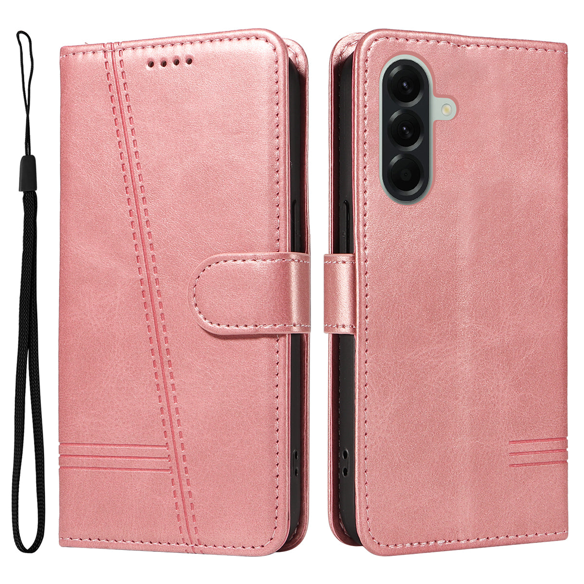 For Samsung Galaxy A57 5G Wallet Case T-Shape Lines Leather Phone Cover Stand - Rose Gold
