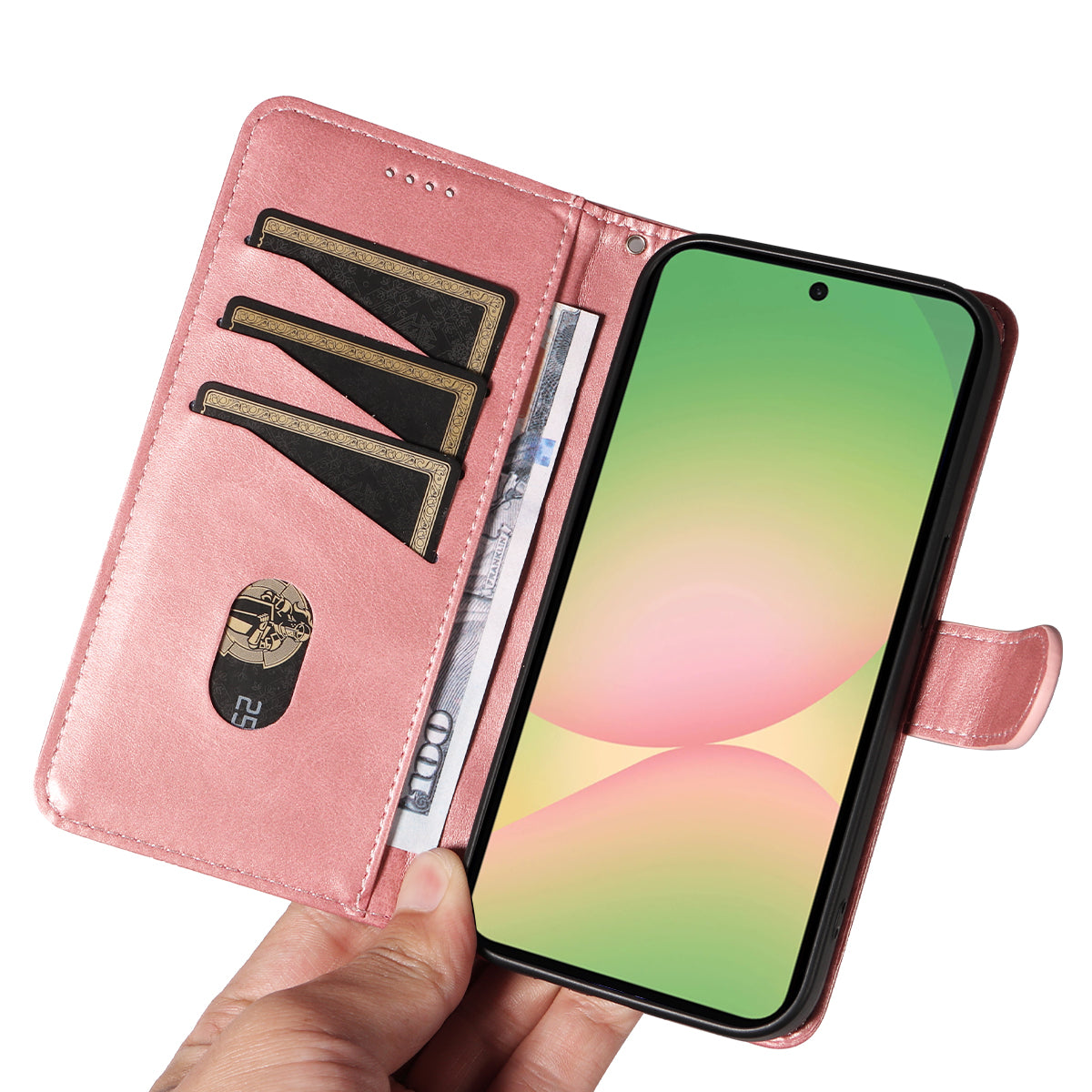 For Samsung Galaxy A57 5G Wallet Case T-Shape Lines Leather Phone Cover Stand - Rose Gold