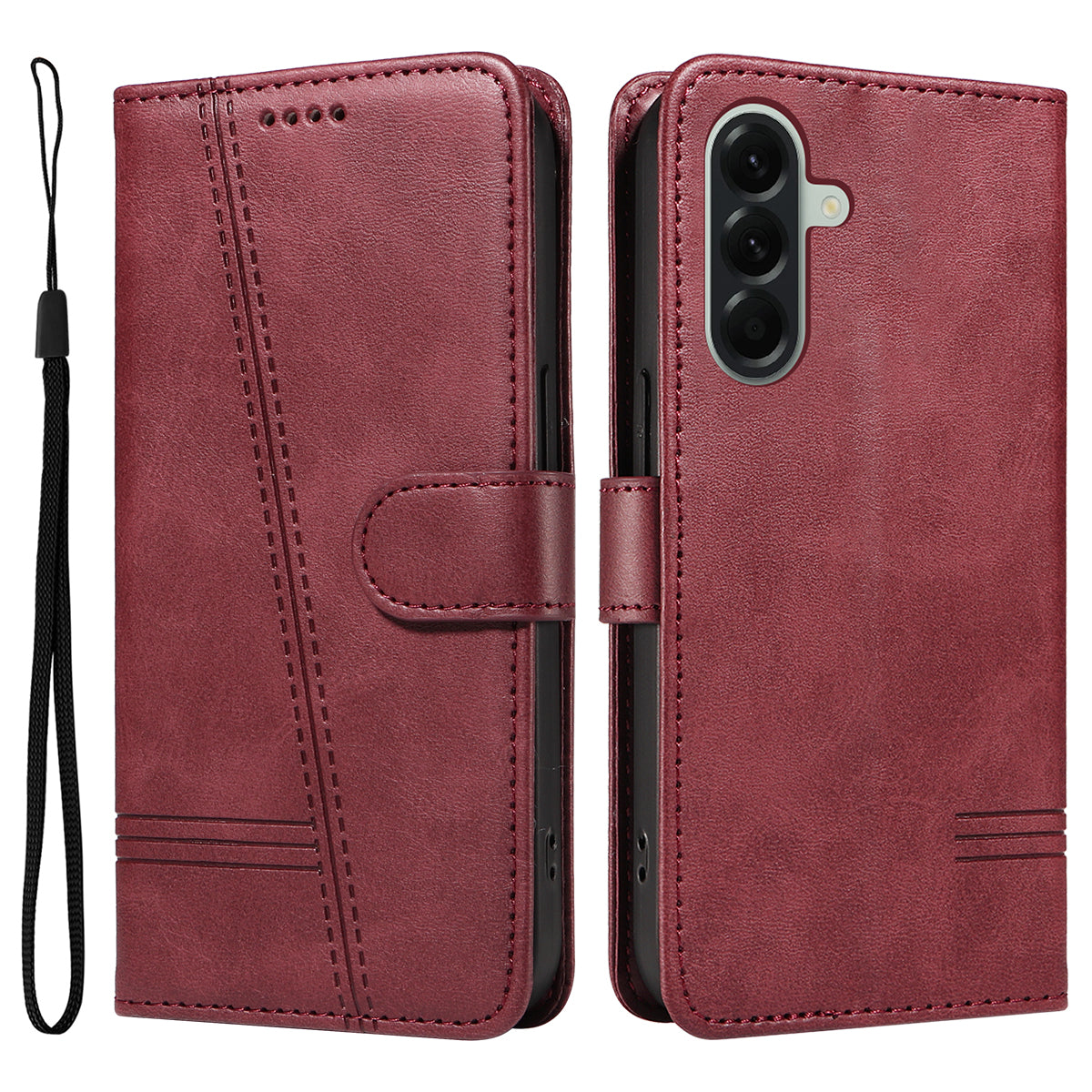 For Samsung Galaxy A57 5G Wallet Case T-Shape Lines Leather Phone Cover Stand - Wine Red