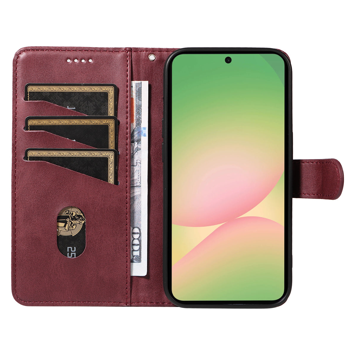 For Samsung Galaxy A57 5G Wallet Case T-Shape Lines Leather Phone Cover Stand - Wine Red