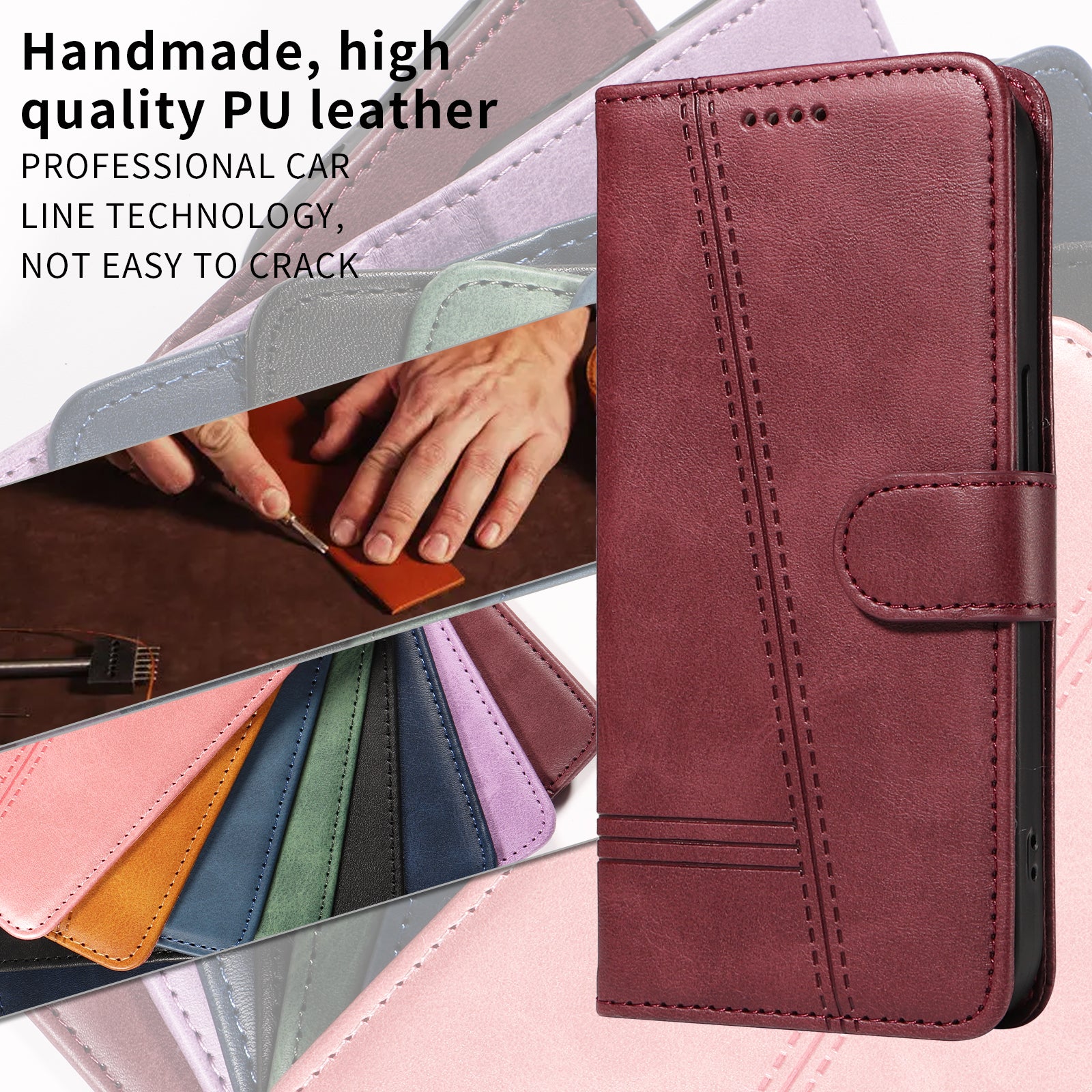 For Samsung Galaxy A57 5G Wallet Case T-Shape Lines Leather Phone Cover Stand - Wine Red