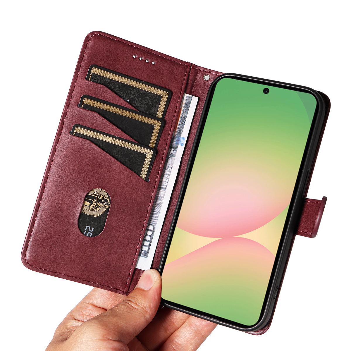 For Samsung Galaxy A57 5G Wallet Case T-Shape Lines Leather Phone Cover Stand - Wine Red