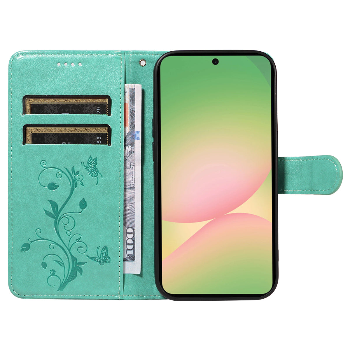 For Samsung Galaxy A57 5G PU Leather Cases Flower Pattern Wallet Stand Phone Cover with Strap - Green