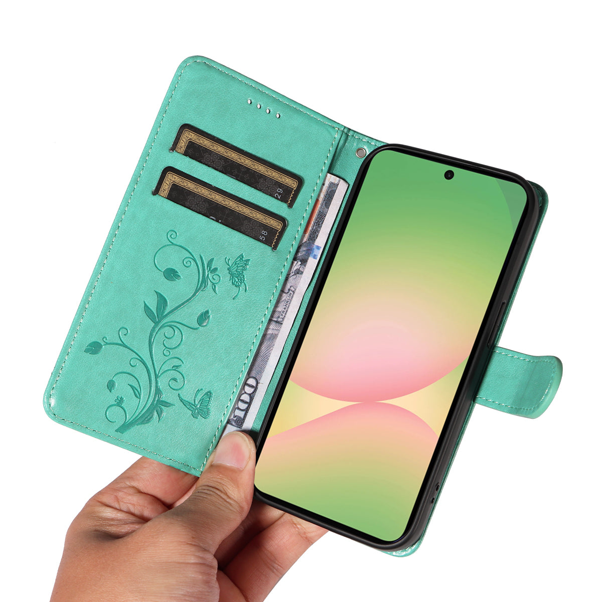 For Samsung Galaxy A57 5G PU Leather Cases Flower Pattern Wallet Stand Phone Cover with Strap - Green
