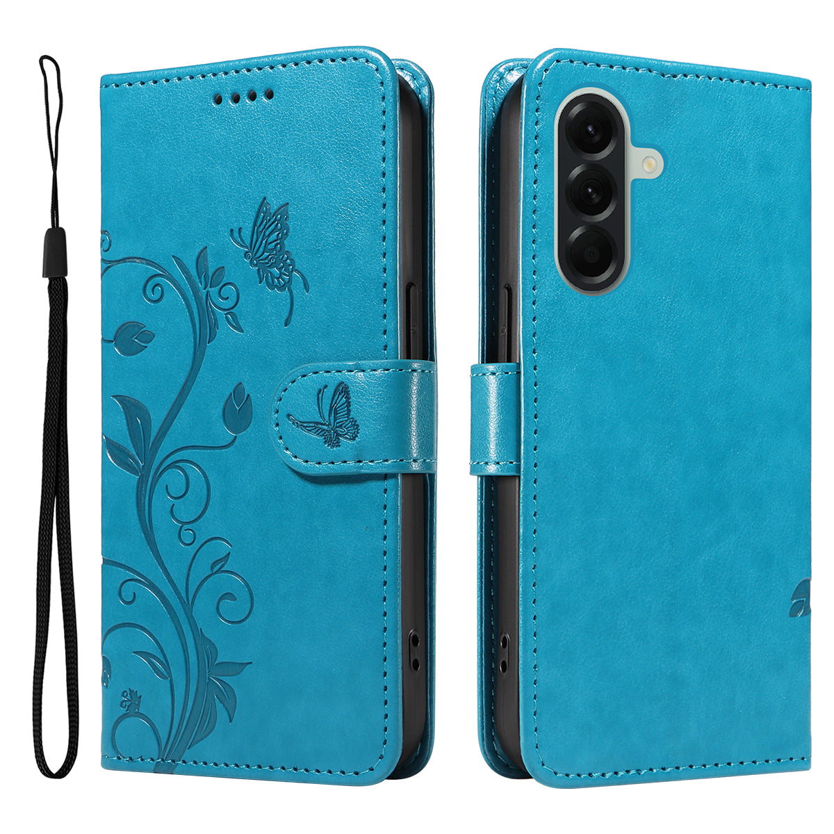 For Samsung Galaxy A57 5G PU Leather Cases Flower Pattern Wallet Stand Phone Cover with Strap - Blue
