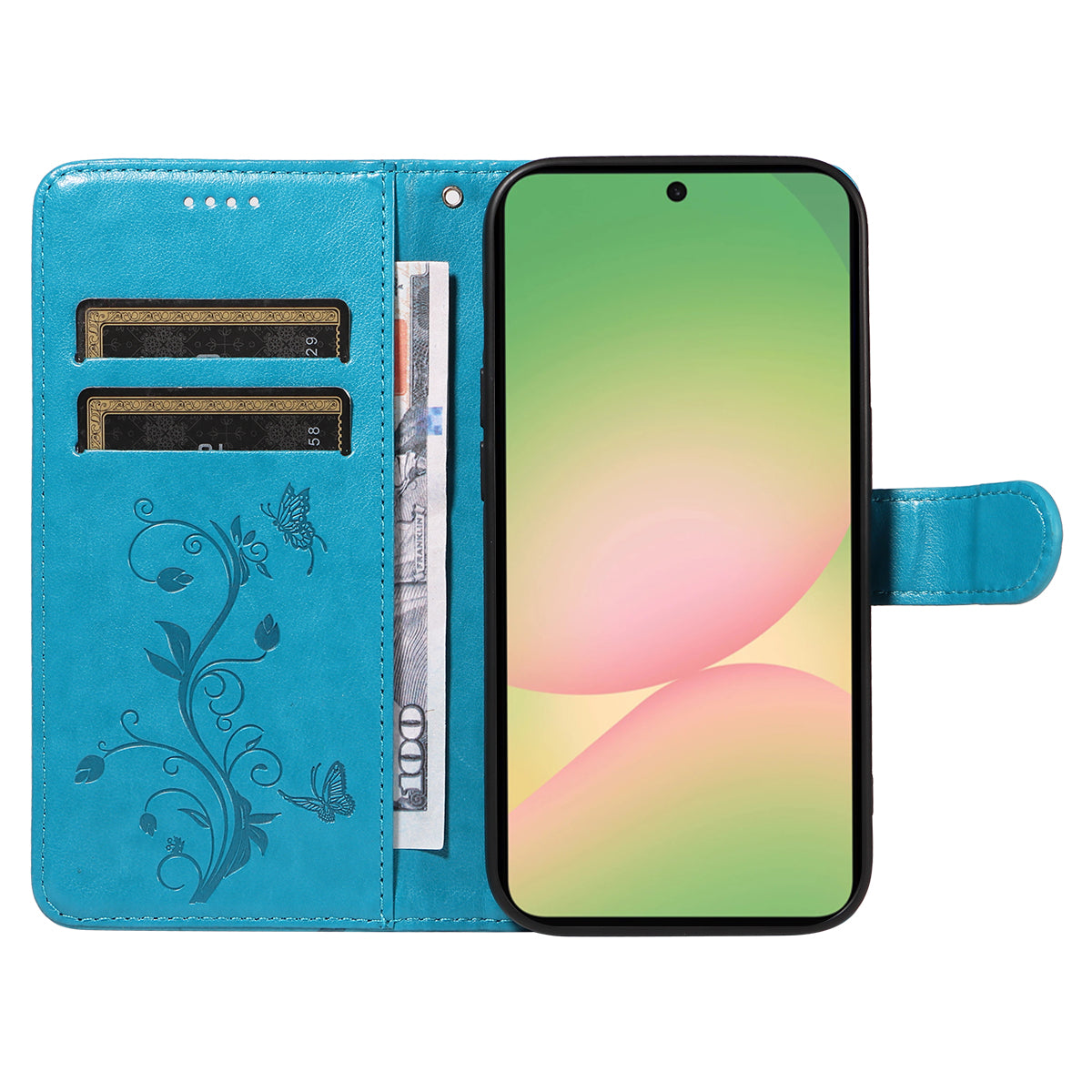 For Samsung Galaxy A57 5G PU Leather Cases Flower Pattern Wallet Stand Phone Cover with Strap - Blue