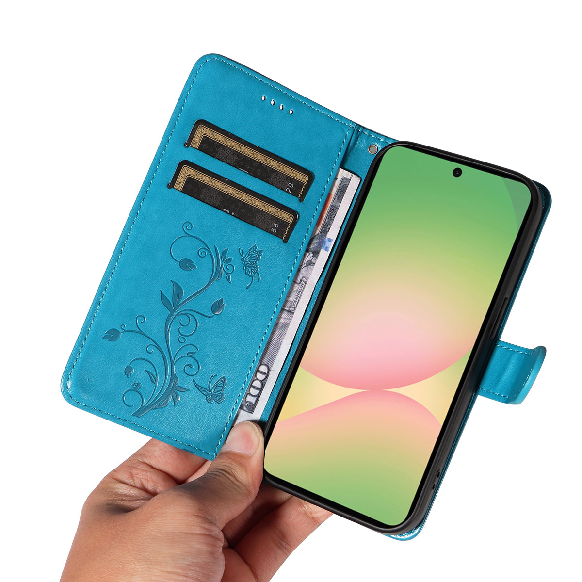 For Samsung Galaxy A57 5G PU Leather Cases Flower Pattern Wallet Stand Phone Cover with Strap - Blue