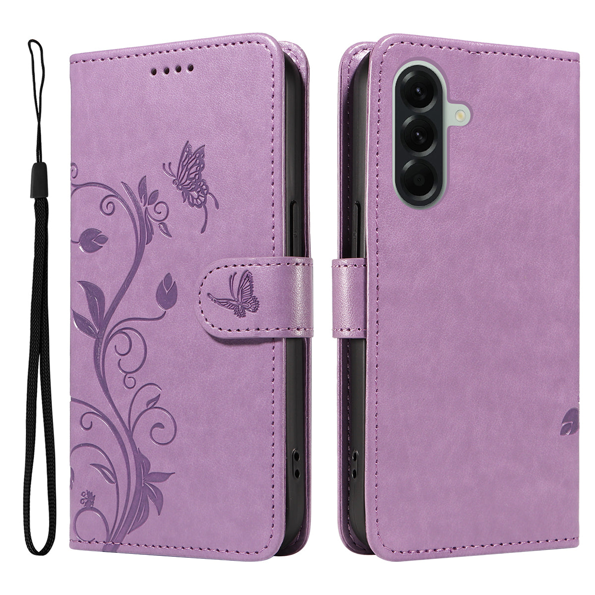 For Samsung Galaxy A57 5G PU Leather Cases Flower Pattern Wallet Stand Phone Cover with Strap -  Light Purple