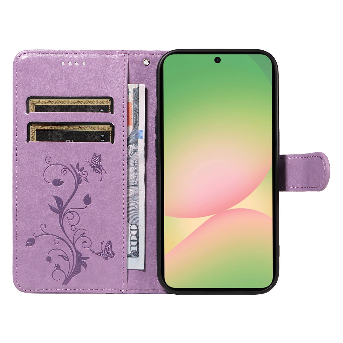 For Samsung Galaxy A57 5G PU Leather Cases Flower Pattern Wallet Stand Phone Cover with Strap -  Light Purple