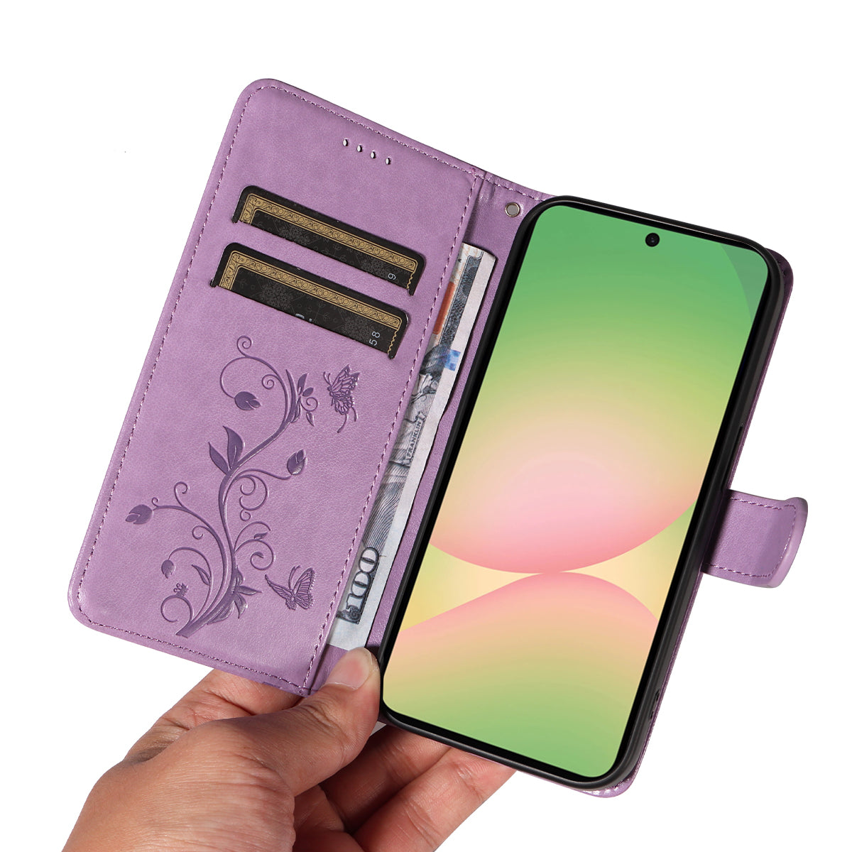 For Samsung Galaxy A57 5G PU Leather Cases Flower Pattern Wallet Stand Phone Cover with Strap -  Light Purple