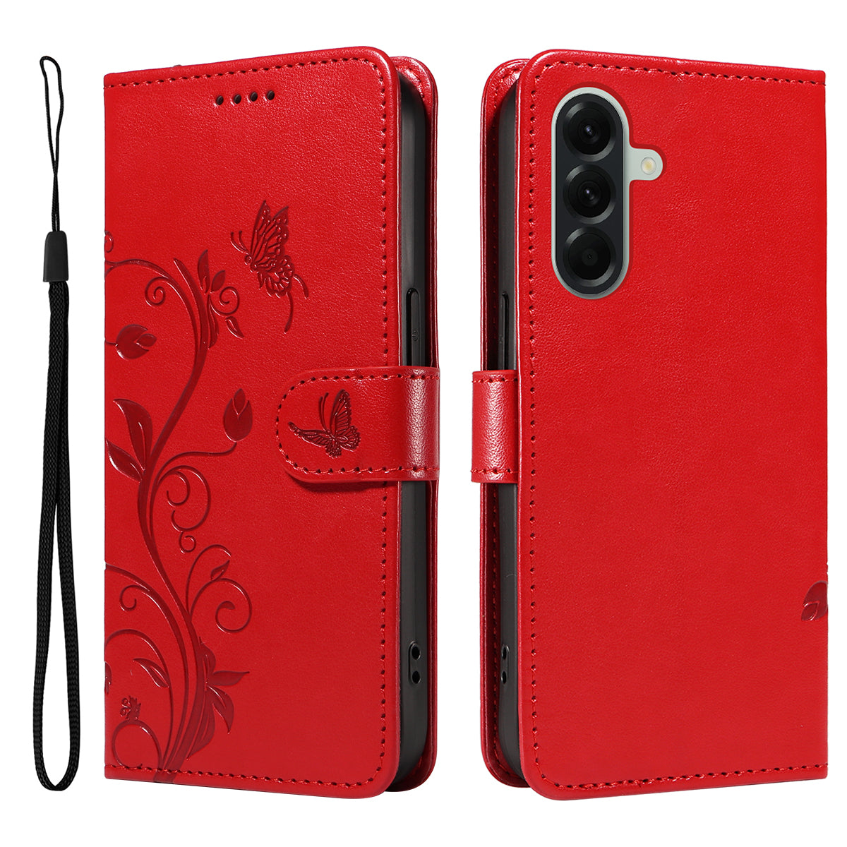 For Samsung Galaxy A57 5G PU Leather Cases Flower Pattern Wallet Stand Phone Cover with Strap - Red