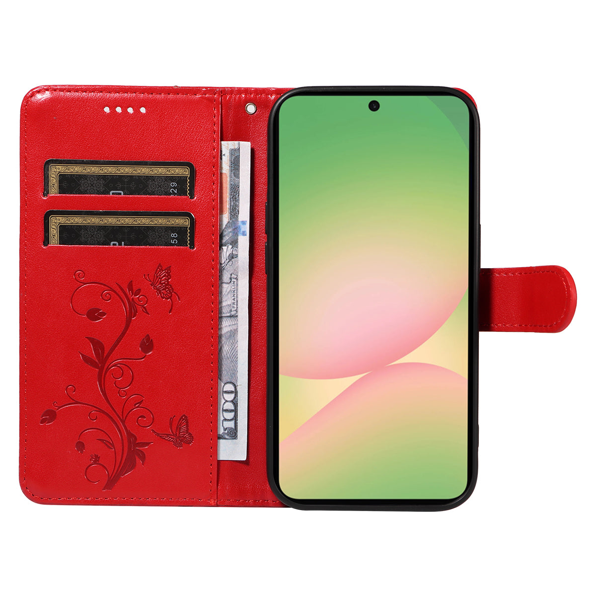 For Samsung Galaxy A57 5G PU Leather Cases Flower Pattern Wallet Stand Phone Cover with Strap - Red