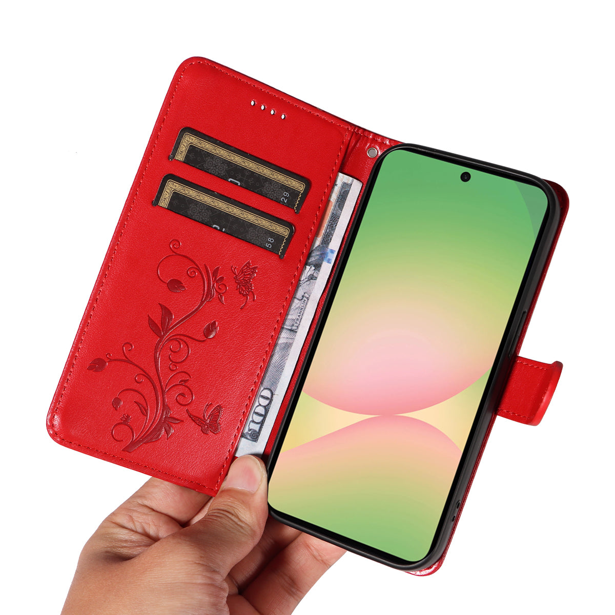 For Samsung Galaxy A57 5G PU Leather Cases Flower Pattern Wallet Stand Phone Cover with Strap - Red