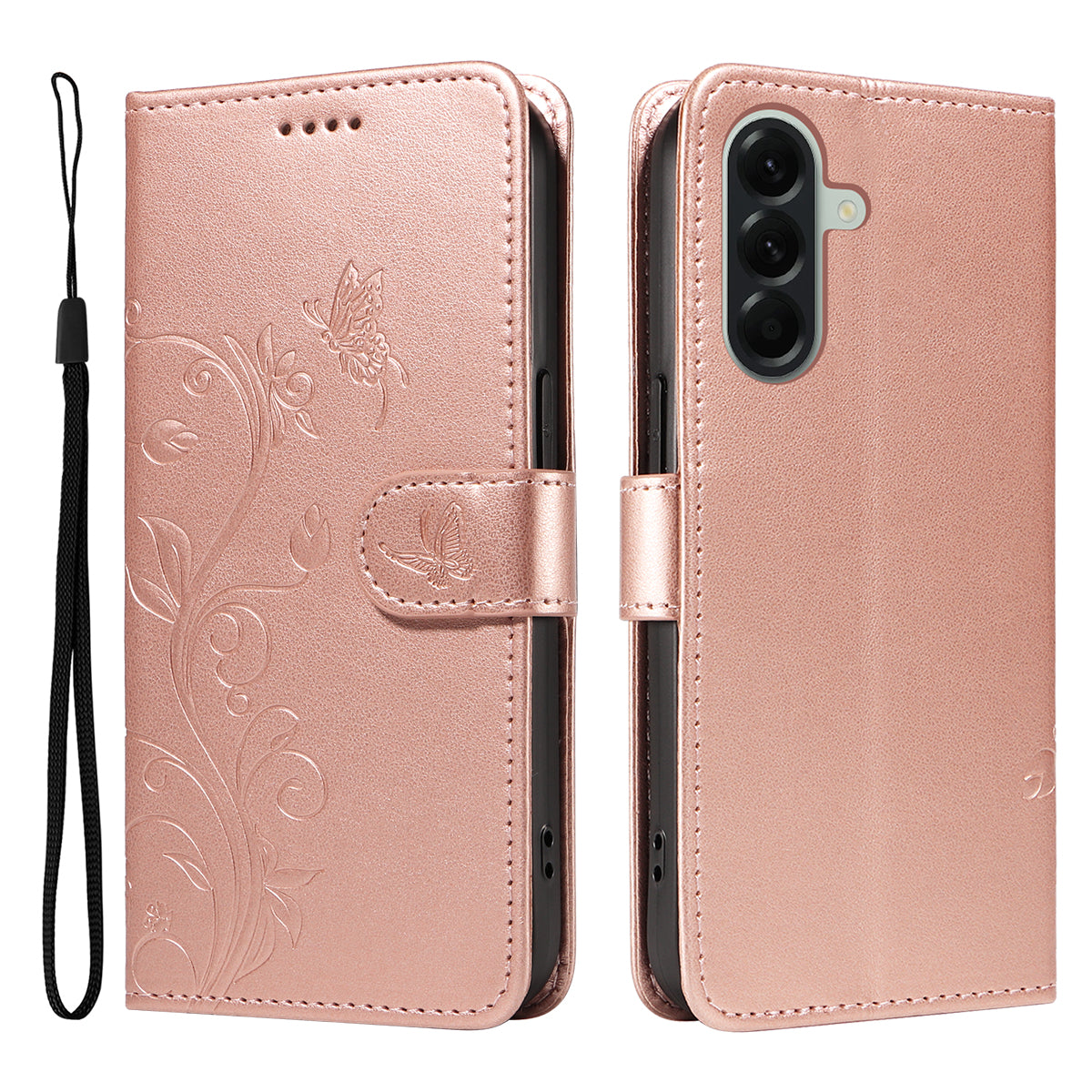 For Samsung Galaxy A57 5G PU Leather Cases Flower Pattern Wallet Stand Phone Cover with Strap - Rose Gold