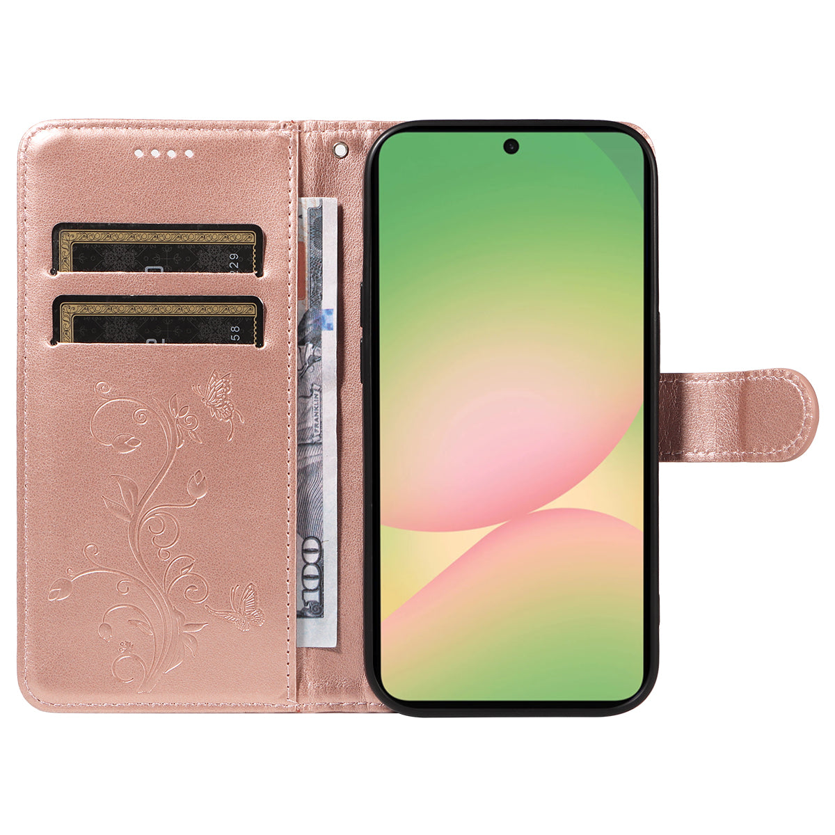For Samsung Galaxy A57 5G PU Leather Cases Flower Pattern Wallet Stand Phone Cover with Strap - Rose Gold