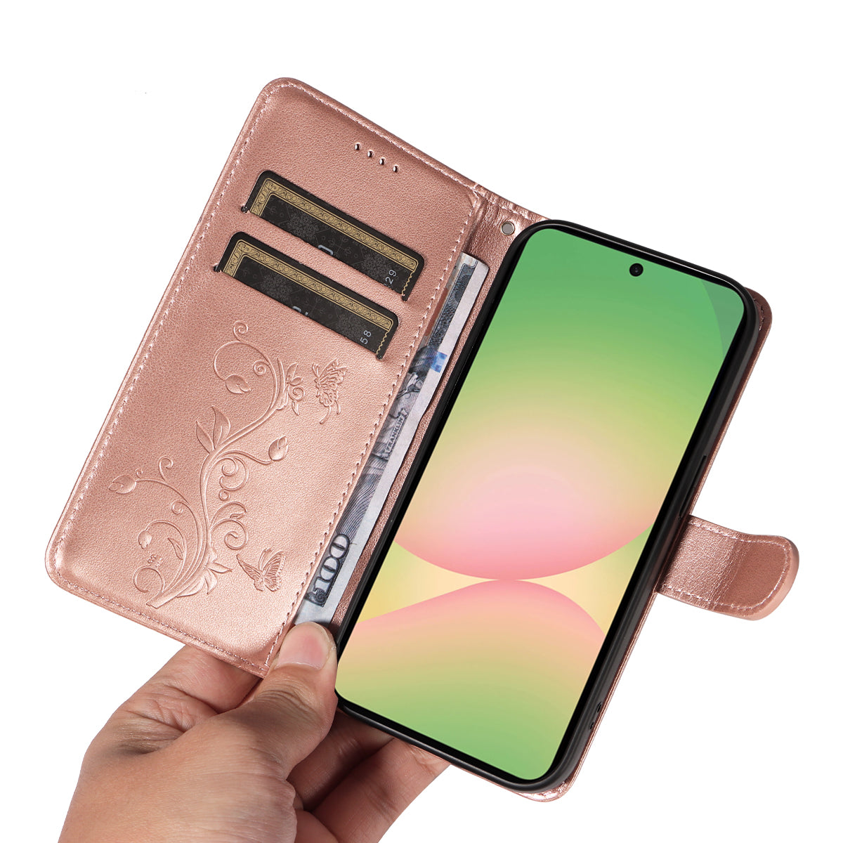 For Samsung Galaxy A57 5G PU Leather Cases Flower Pattern Wallet Stand Phone Cover with Strap - Rose Gold