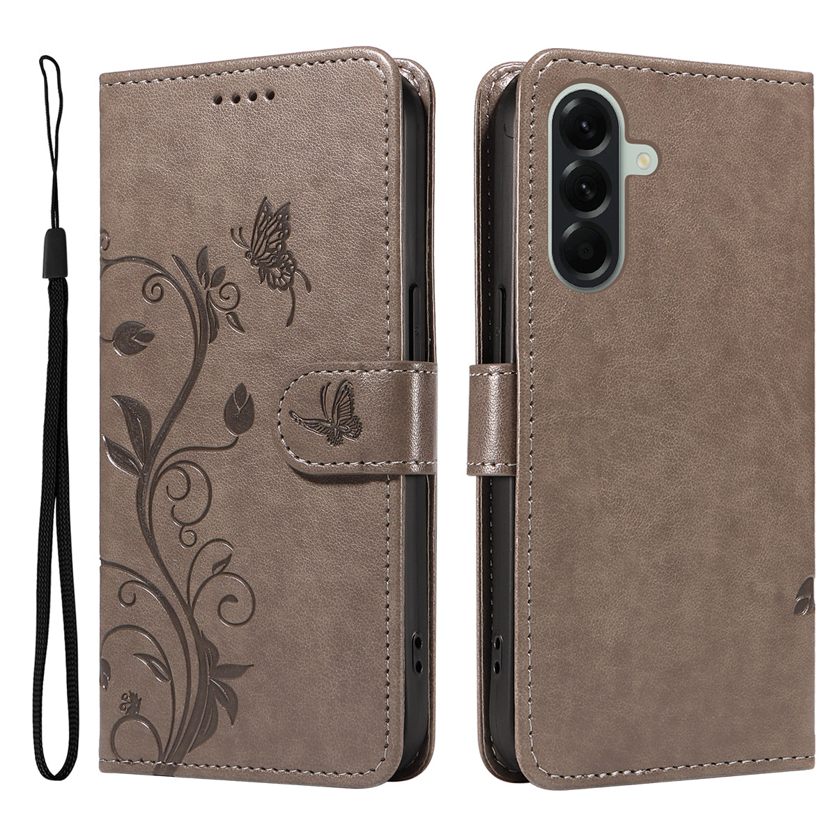 For Samsung Galaxy A57 5G PU Leather Cases Flower Pattern Wallet Stand Phone Cover with Strap - Grey