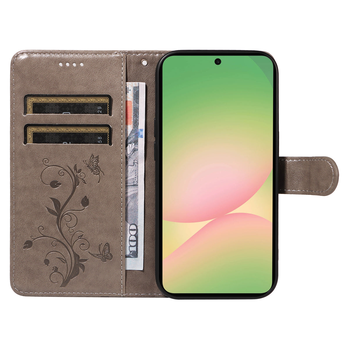 For Samsung Galaxy A57 5G PU Leather Cases Flower Pattern Wallet Stand Phone Cover with Strap - Grey
