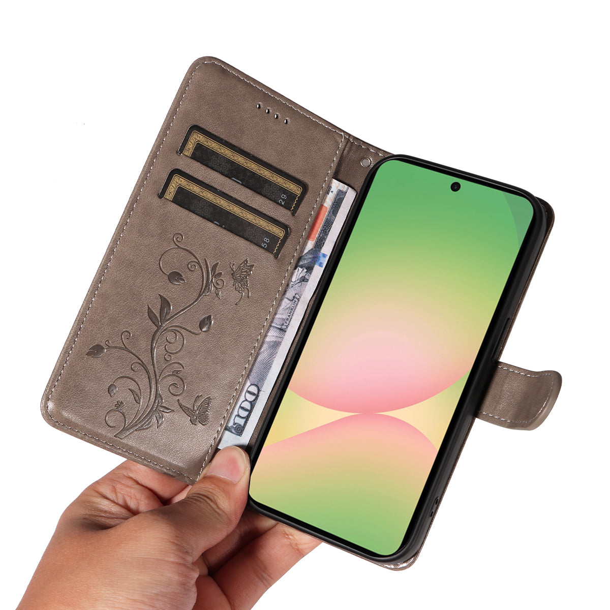 For Samsung Galaxy A57 5G PU Leather Cases Flower Pattern Wallet Stand Phone Cover with Strap - Grey