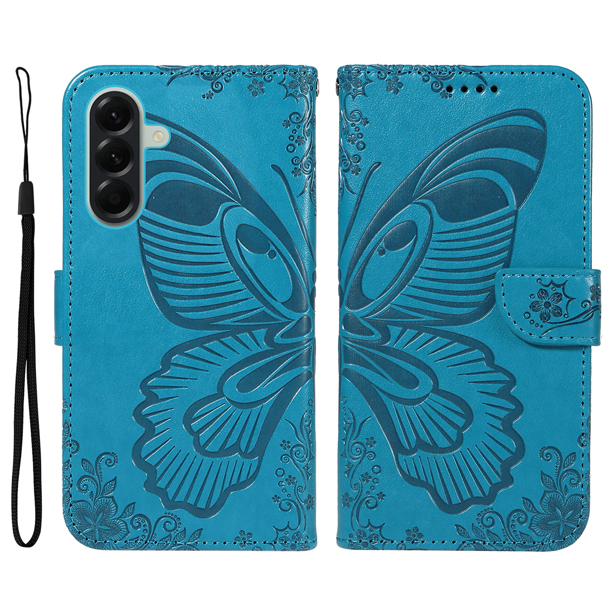 For Samsung Galaxy A57 5G Case Butterfly Pattern PU Leather Folio Flip Phone Cover -  Blue