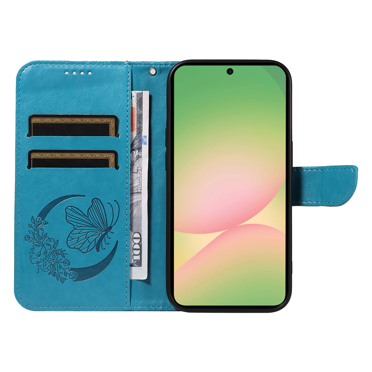 For Samsung Galaxy A57 5G Case Butterfly Pattern PU Leather Folio Flip Phone Cover -  Blue