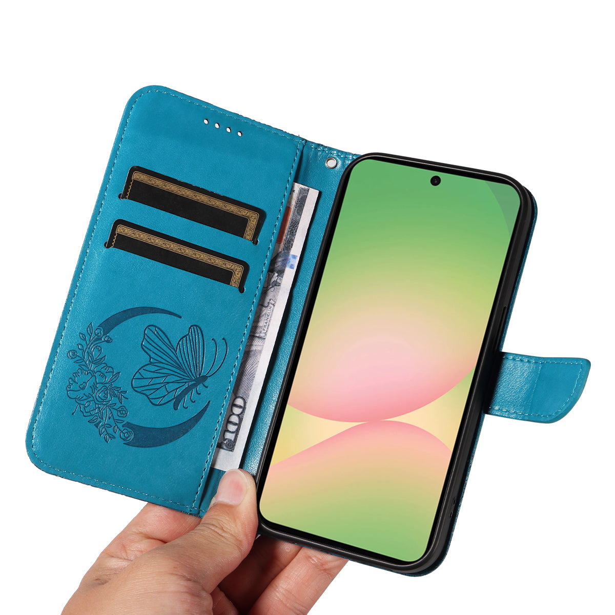 For Samsung Galaxy A57 5G Case Butterfly Pattern PU Leather Folio Flip Phone Cover -  Blue