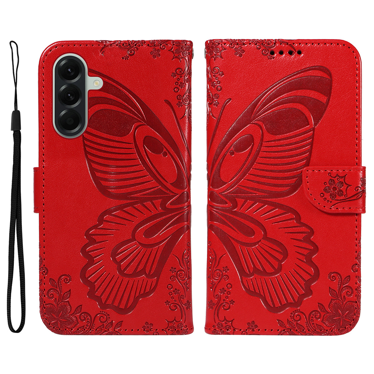 For Samsung Galaxy A57 5G Case Butterfly Pattern PU Leather Folio Flip Phone Cover -  Red