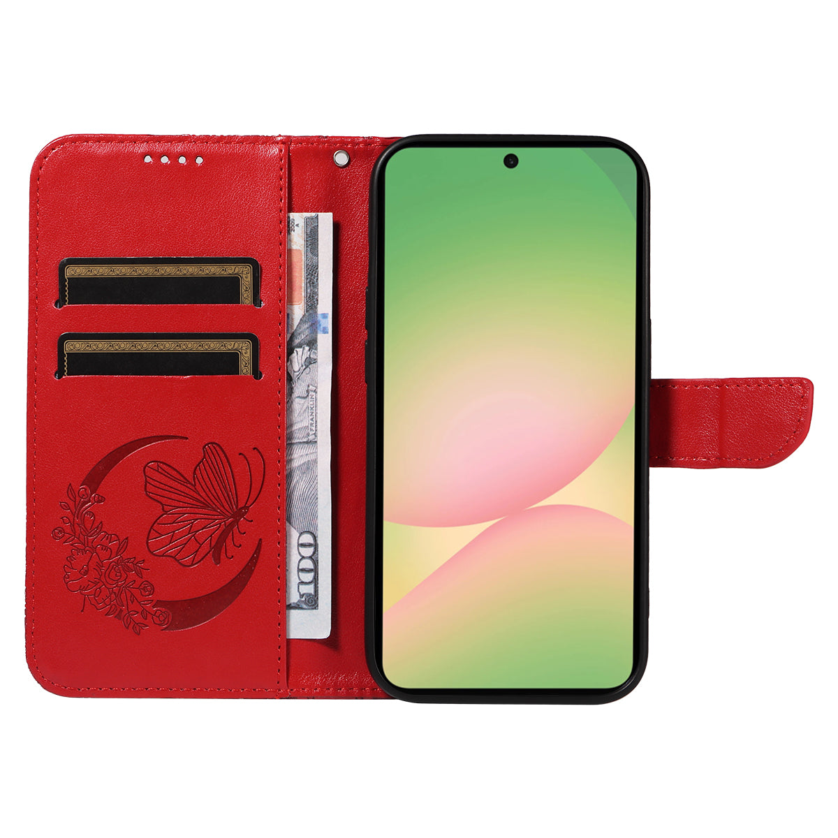 For Samsung Galaxy A57 5G Case Butterfly Pattern PU Leather Folio Flip Phone Cover -  Red